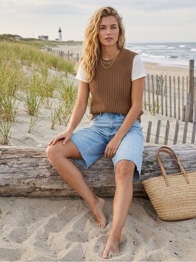 Abercrombie & Fitch Brown Chunky Knit Preppy Sweater Vest Top M Coastal Neutral